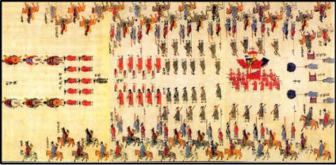 「영조․정순후가례도감의궤」중 친영반차도(영조 35, 1759)
 악대와 군인들이 선도하여 영조의 가마 주변에 총․창․활을 멘 군인들이 호위하고 있