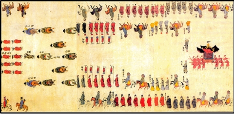 「영조․정순후가례도감의궤」중 친영반차도(영조 35, 1759)
 악대와 군인들이 선도하여 영조의 가마 주변에 총․창․활을 멘 군인들이 호위하고 있
