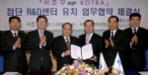 KOTRA(사장: 洪基和)는 29일 서초구청에서 서초구청(구청장: 박성중)과 양재. 우면지구 첨단지식산업단지 조성을 위한 업무협약을 체결했다. 좌로부터 KOTRA 박용수 신산업유치