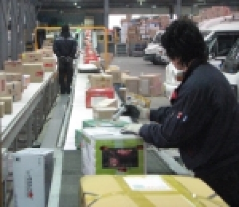 CJ GLS 구로터미널, 구정 선물세트를 배송차량에 싣고 배달하기 위해 분류하고 있는 모습