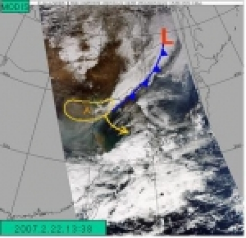어제(22일) 오후 2시경 기상위성(MODIS) 영상 2. 황사역(A)이 한랭전선(파란색) 구름대 후면을 따라 남하(화살표 방향)하여 주축이 서해상으로 이동하였고, 일부가 내륙으로