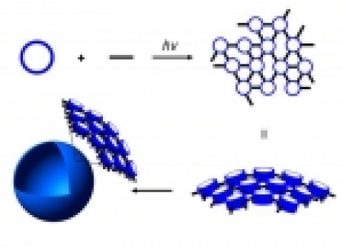 나노캡슐 제조법 관련 이미지. 용액에 녹아있는 분자에 ‘자외선’을 쬐어주면 얇은 판상의 고분자 ‘조각’이 형성되고 이 조각이 일정 크기 이상이 되면 ‘자발적으로’ 구(球) 형태를 
