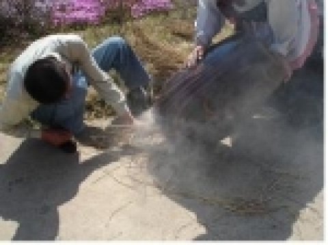 연기를 씌워 술독을 소독하는 모습