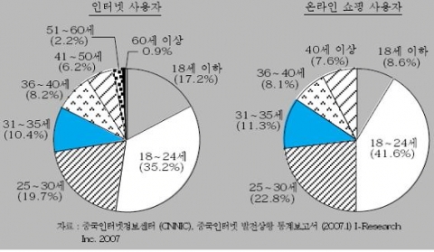 인터넷 사용자 및 온라인 쇼핑 사용자 연령 분포