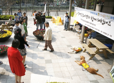 싸이월드와 한국장애인도우미견협회로부터 참가자들이 장애인견 체험 전 설명을 듣고 있다