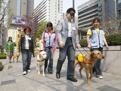 싸이월드와 한국장애인도우미견협회가 마련한 ‘장애인도우미견과 함께하는 장애인 체험 행사’에서 참가자가 도우미견과 함께 시각 장애인 체험을 해보고 있다.