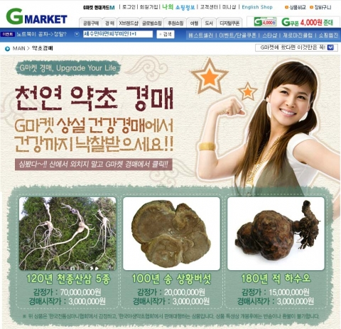 G마켓은 한국전통심마니협회 (www.simmemani.org 협회장 정형범)에서 감정한 믿을 수 있는 천연약초를 4월 30일까지 경매에 내 놓는다.