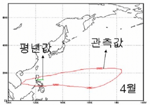 상층 500 hPa 고도 예측장 (등치선은 5880m 지위고도선) 