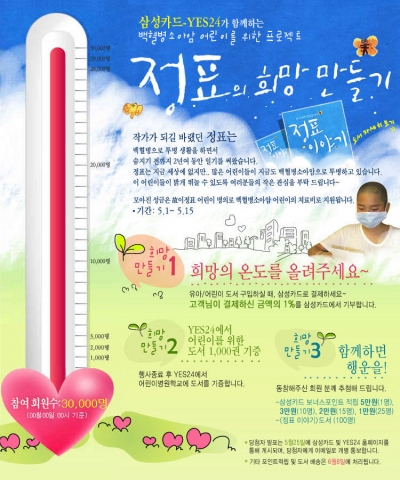 대한민국 대표 인터넷 서점 YES24(대표 정상우, www.yes24.com)와 삼성카드는 ‘가정의 달’ 행사의 일환으로 오는 5월 15일까지 ‘백혈병 소아암 어린이 돕기 프로젝트