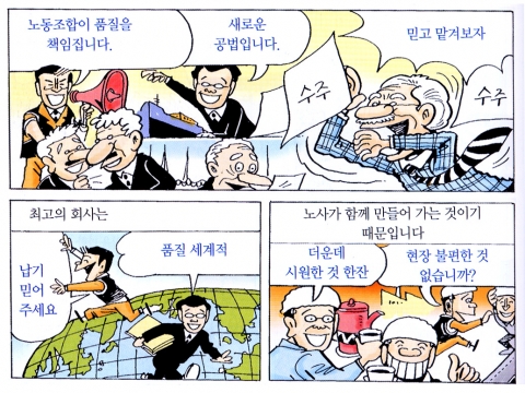 현대중공업 노사가 공동으로 발행한 책자, ‘꿈과 희망의 미래를 향해’의 주요 장면. 