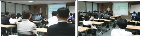 (주)신한아펙스 조문재 대표(왼쪽)와 (주)유니크대성의 박상범 이사가 설명회를 진행하고 있다