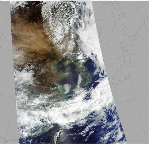 MODIS 위성 영상에서 본 서해상 황사  ( 2007. 5. 25. 오후 2시 )