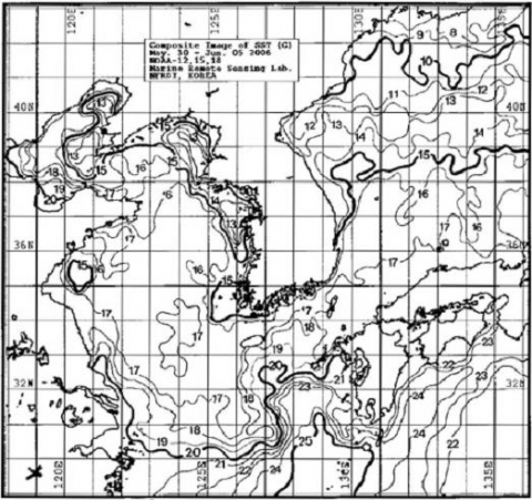 광역 위성 영상 표면 수온분포도 (2006. 05. 30 ～ 2006. 06. 05 기간 자료합성)
