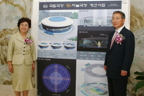 KB국민은행의 강정원은행장(왼쪽)과 국립극장 신선희극장장이 20일 국립극장 달오름극장에서 야외공연장인 하늘극장을
국내 최초의 돔형 전천후 극장으로의 리모델링을 위한 후원금 전달식
