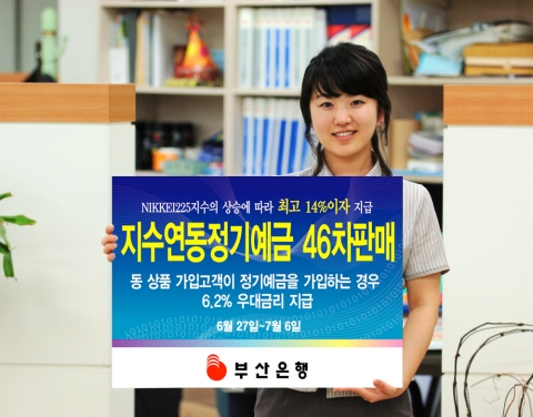 부산은행(은행장 이장호 www.pusanbank.co.kr)은 일본 NIKKEI225지수 상승시 최고 연 14.00% 지급하는 1년 만기 부은 지수연동정기예금 46차 상품을 6월 27일부터 7월 6일까지 100억원 한도로 한시적으로 판매한다고 밝혔다.