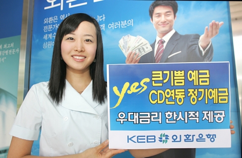외환은행은 수신기반 확대를 위하여 한도 1조4천억원의 범위내에서 1년 만기 정기예금의 영업점장 전결금리를 인상하여 16일부터 적용한다고 밝혔다.