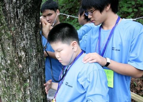 지난 8일, 교보생명 ‘숲&하나되기’ 캠프에 참가한 청소년들이 장애인 친구와 함께 나무에 청진기를 대고 체관을 타고 물 흐르는 소리를 듣고 있다.