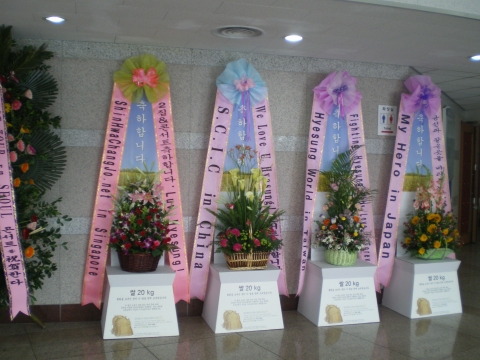 아시아 각국의 신혜성팬클럽이 콘서트장에 화환 대신 보낸 쌀과 꽃바구니.