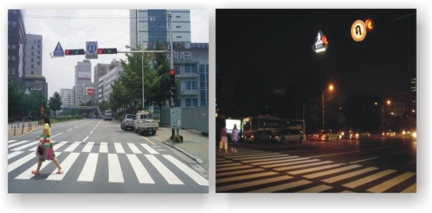 휴먼트래픽이 국내 최초로 개발하여 설치운영중인 LED 횡단보도 안전표시판 모습 (왼쪽은 LED횡단보도 표시판 낮시간대 모습, 오른쪽은 야간 모습)