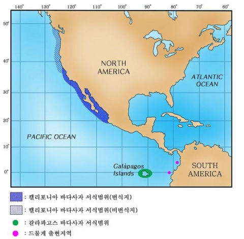 <캘리포니아 바다사자의 번식지 및 분포도(Reeves et al., 2002)>