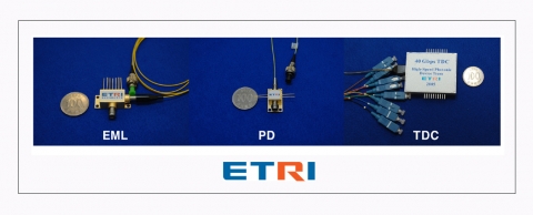 ETRI가 이번 개발에 성공한 40G 모듈 제품사진(좌측부터 EML 광원, 광수신기(PD), 가변분산보상기(TDC))