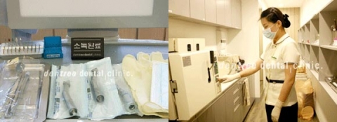 덴트리 치과의 멸균 후 개별 포장 되어 있는 기구와 소독하는 모습