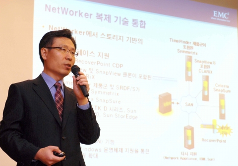 한국EMC 김형수 이사가 EMC BURA 솔루션 신제품에 대해 설명하고 있다.
