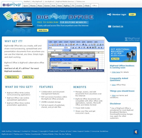 웹 오피스 전용 페이지인  BigpondOffice.com.au 메인화면