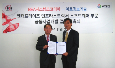 BEA시스템즈코리아와 아토정보기술이 엔터프라이즈 인프라스트럭처 소프트웨어 부문에서의 공동사업개발을 위한 업무제휴를 체결하고, WAS 및 SOA를 위한 프레임워크 영역사업 확대에 협력하기로 했다. BEA시스템즈코리아 김형래 사장(우측)과 강관식 아토정보기술 대표가 기념촬영을 하고 있다.