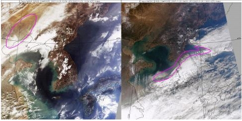 위성영상. 오른쪽 : 발원지부근의 황사영상(분홍색 선), 2007년 11월 26일 오후 13시 44분에 미국의 지구관측위성인 아쿠아(Aqua)위성으로 관측한 한반도 컬러합성영상  왼쪽: 약 24시간후 한반도로 이동해 온 황사영상(분홍색 선), 2007년 11월 25일 오후 13시 12분에 같은 위성으로 관측한 한반도 컬러합성영상
