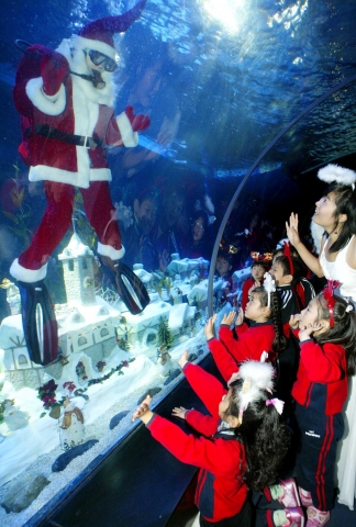 5일 부산아쿠아리움 ‘세계 최장 수중 산타마을’을 찾은 어린이들.눈 내린 산타 마을과 산타 복장을 한 다이버를 보며 즐거워하고 있다.