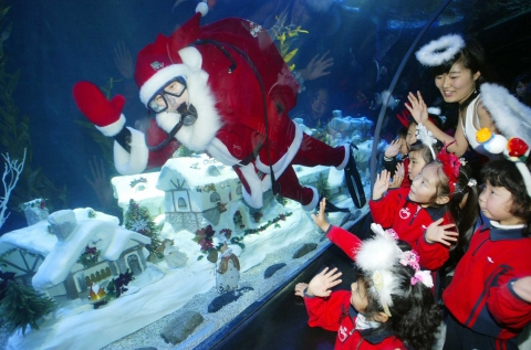 5일 부산아쿠아리움 ‘세계 최장 수중 산타마을’을 찾은 어린이들.눈 내린 산타 마을과 산타 복장을 한 다이버를 보며 즐거워하고 있다.