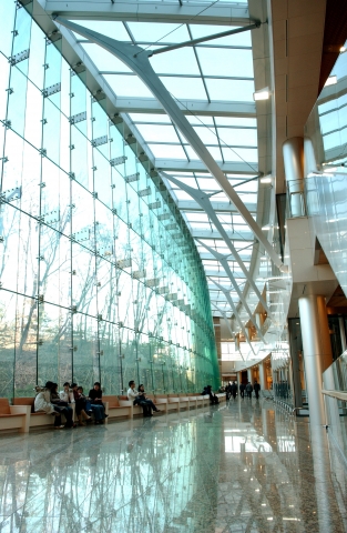 유리 커튼월로 이뤄진 15m 높이의 아트리움이 전개되는 1층 로비.