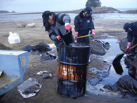만리포 연안에서 유흡착포로 기름을 제거하고 있는 주민과 해양경찰