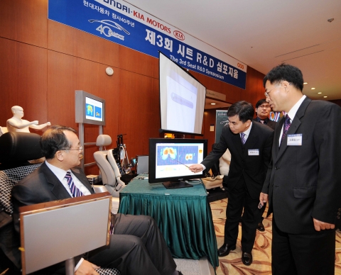 현대·기아차가 국내 시트품질 향상 방안을 도모하기 위해 18일 실시한 『시트 R&D 심포지엄』에 참가한 현대·기아차 및 협력업체 관계자들이 체중의 압력을 시트가 자동 인식하는 신기술을 시연하고 있다.