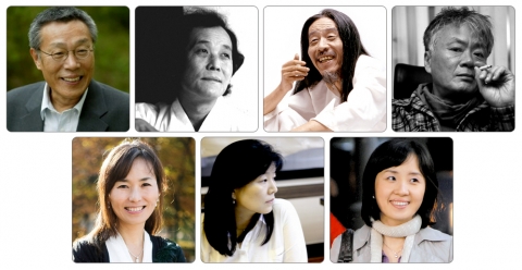 인터넷서점 인터파크도서 주최 ‘2007년 한국문학을 빛낸 7대 작가전’에 참여하는 일곱 명의 작가들. 상단 좌로부터 황석영, 조정래, 이외수, 김훈, 공지영, 신경숙, 정이현 작가