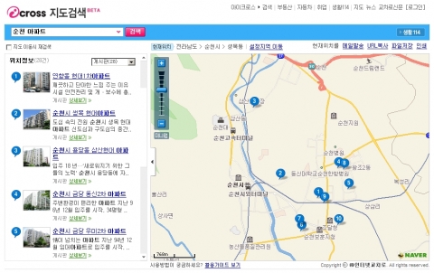 아이크로스 지도검색에서 전라남도 순천시의 아파트 정보를 검색한 화면