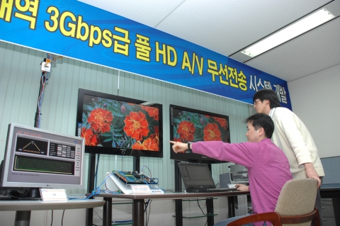 초당 3기가급의 데이터를 무선으로 전송하는데 성공한 ETRI 연구진이 풀 HD급 콘텐츠를 시연하고 있다.