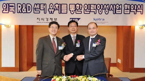 25일 센터설립 협약식 모습. 좌로부터 코트라 IK단장 정동수, 지식경제부 산업경제실장 김영학, SAP R&D Center 샹링주이(Shang-ling Jui)대표(President of SAP Labs Korea & China)