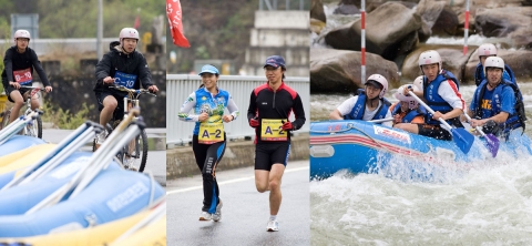 모험레저 3종경기의 MTB자전거, 산악마라톤, 래프팅을 하고 있는 참가자들.