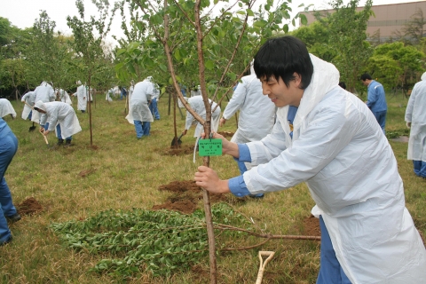 포항제철소 품질기술부 박상욱씨가 자신의 나무를 심은후 명패를 달고 있다.