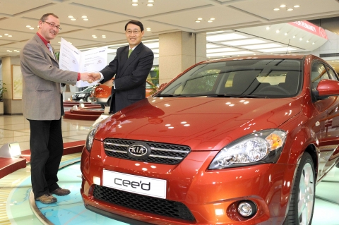 Dr. Winfried Hirtz, Head of TuV NORD CERT GmbH Certification Body, with Hyun-Soon Lee, President of Hyundai-Kia Automotive Group R&D, in front of the Kia cee’d.