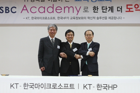 KT와 한국마이크로소프트, KT와 한국HP는 20일 오전 KT 광화문청사에서 서버기반컴퓨팅(SBC ; Server Based Computing) 에 관한 업무협약을 체결했다..(좌 : 한국HP 김대환이사, 중 : KT 윤경림 신사업추진본부장, 우 : 한국마이크로소프트 황정수 상무)