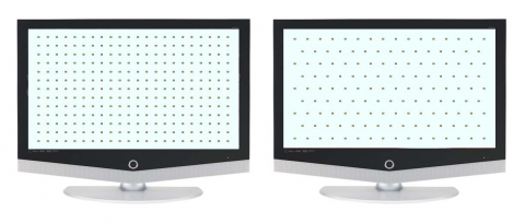 LED개수비교(내부모습 → 가상이미지) 좌측이 기존 LED BLU, 우측이 LED칩 사용량을 35% 줄인 차세대 LED BLU