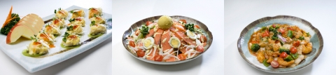 마찌마찌 신메뉴 해물슈마이,연어샐러드,깐쇼새우  (사진 왼쪽부터)