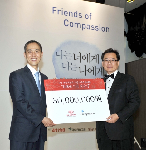 기아차는 <2008 컴패션 사진전(Friends of Compassion 2008)> 행사에서 고객과 함께 적립한 ‘사랑의 기금’ 3천 만원을 국제어린이양육기구 한국컴패션에 전달했다. (왼쪽부터 서정인 한국컴패션 대표, 오영 기아차 국내영업본부 판매사업부장)