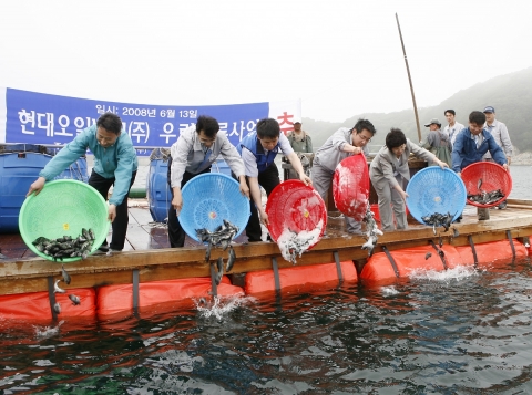 현대오일뱅크 임직원들이 서산시와 지역 수협 등 지역 공무원과 지역민들과 함께 우럭 치어 10만수를 공장 인근 삼길포 연안 앞바다에다 방류하고 있는 모습이다.