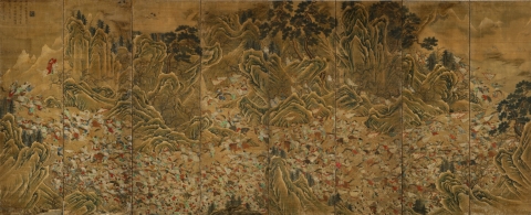 사현파진백만대병도: 사현(謝玄)이 전진(前秦)의 백만대군을 물리치다 조선 1715년 / 병풍 / 비단에 색 / 170×418.6cm