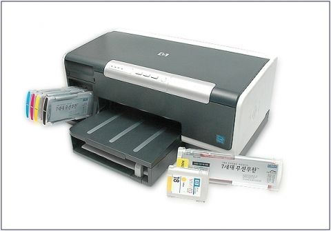 hp오피스젯 K5400 프린터 에 네텐 7세대 무선무한 수백년잉크 장착hp 표준잉크모양과 네텐7세대잉크 상대적 크기비교