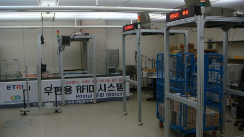 RFID 태그가 달린 운송용기가 리더기를 통과하면서 우편물의 일치 여부 등을 모니터링 하고 있는 모습 (파란색 카트 부분이 운송용기임)